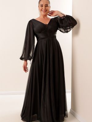 Макси рокля с v-образно деколте от тюл с буфан ръкави By Saygı черно