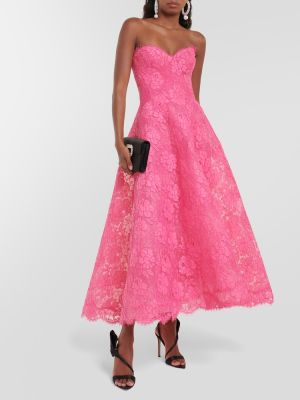 Krajkové květinové bavlněné midi šaty Monique Lhuillier růžové
