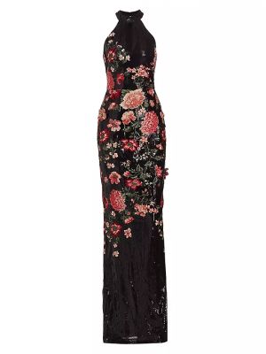 Тюлевое платье с бретельками с цветочным принтом и пайетками Marchesa Notte черный