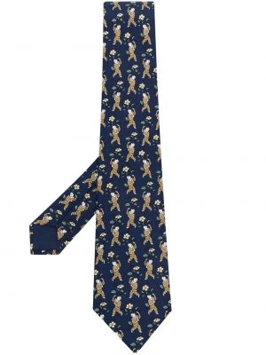 Modrá hedvábná kravata s potiskem Hermès