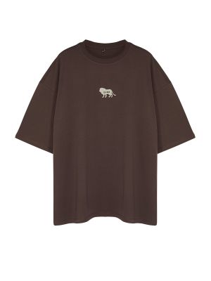 Raštuotas medvilninis siuvinėtas polo marškinėliai Trendyol ruda