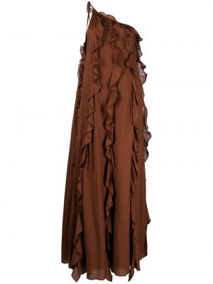 Pamučna koktel haljina s volanima Staud smeđa