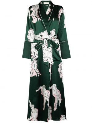 Jedwabna sukienka midi z nadrukiem z długim rękawem Olivia Von Halle - zielony