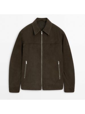 Шерстяная замшевая кожаная куртка Massimo Dutti хаки