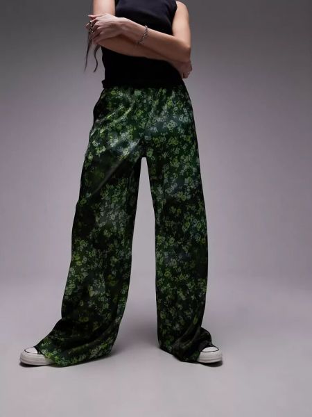 Атласные брюки без рукавов с принтом Topshop зеленые