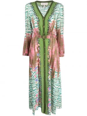 Hedvábné šaty s knoflíky s potiskem Saloni - zelená