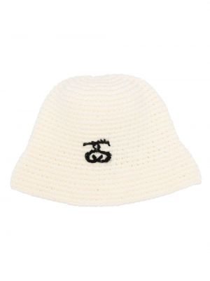 Pletený klobouk s výšivkou Stussy bílý