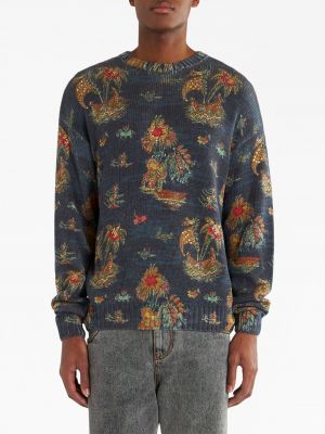 Jedwabny lniany sweter z nadrukiem Etro niebieski