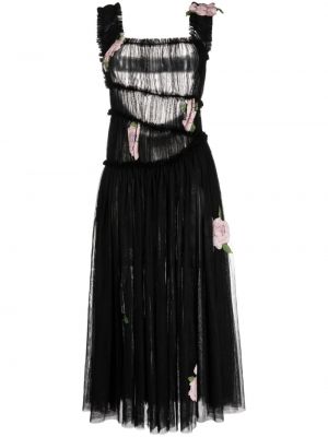 Robe mi-longue à fleurs en tulle avec applique Caroline Hu noir