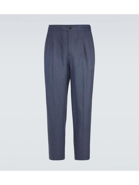 Lněné rovné kalhoty Brunello Cucinelli modré