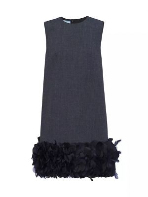 Шерстяное платье мини с вышивкой Prada серое