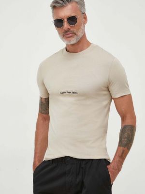 Тениска с дълъг ръкав с апликация Calvin Klein Jeans бежово