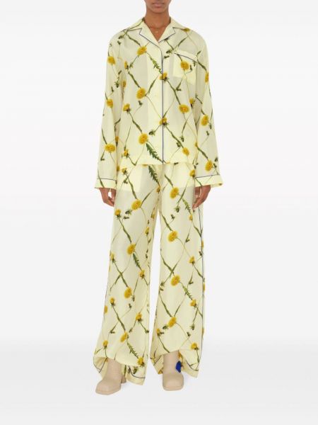 Květinové hedvábné rovné kalhoty s potiskem Burberry žluté