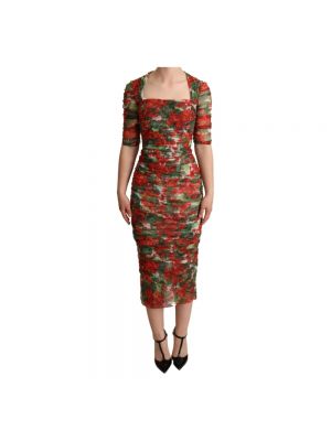 Czerwona sukienka midi w kwiatki Dolce And Gabbana