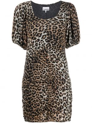 Mini šaty s potlačou s leopardím vzorom Ganni hnedá