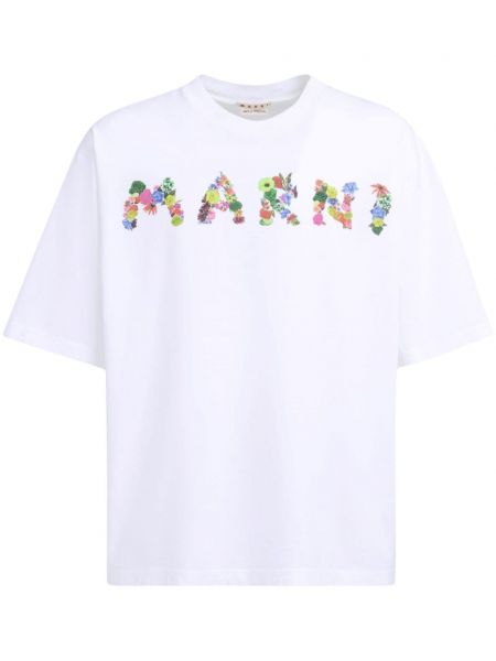Kokvilnas t-krekls ar ziediem ar apdruku Marni balts