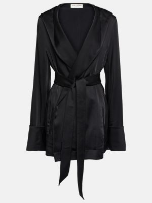 Атласная куртка с капюшоном из крепа Saint Laurent черная
