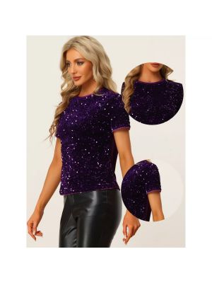 Бархатная блузка с пайетками с коротким рукавом Allegra K фиолетовая