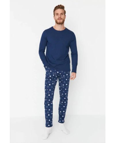 Kötött pamut pizsama nyomtatás Trendyol kék