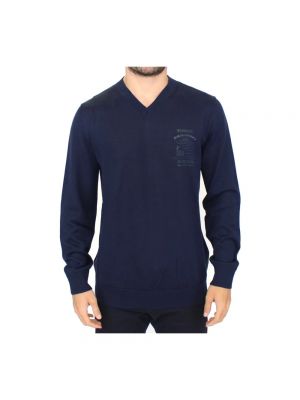 Sweter z wiskozy z dekoltem w serek Ermanno Scervino niebieski