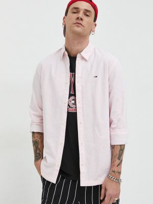 Tommy Jeans koszula bawełniana męska kolor różowy regular z kołnierzykiem klasycznym