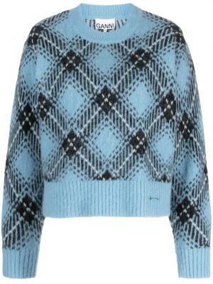 Vlnený sveter s vzorom argyle Ganni modrá