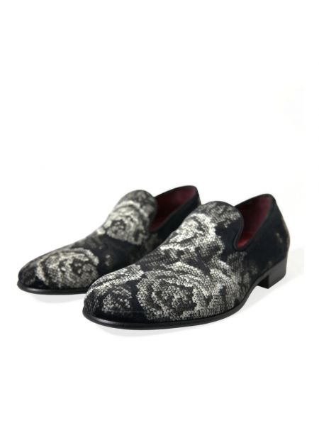 Mocasines de cuero de terciopelo‏‏‎ de flores Dolce & Gabbana negro