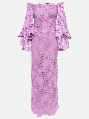 Sukienka długa w kwiatki koronkowa Oscar De La Renta fioletowa