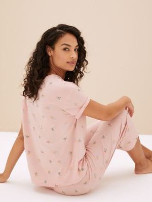 Womens M&S Collection Pure Cotton Ditsy Floral Cropped Pyjama Set - Soft , Soft  M&s Collection - Różowy