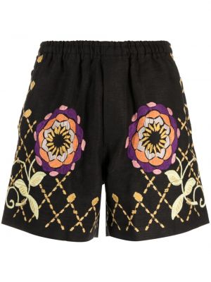 Lanene kratke hlače s cvetličnim vzorcem Bode črna