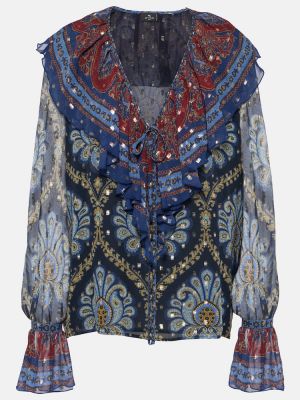 Копринена блуза с принт с волани Etro синьо