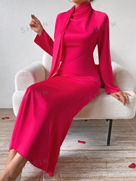 SHEIN Privé Женское платье с поясом и воротником-стойкой и длинными рукавами, ярко-розовый