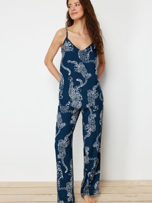 Плетена от вискоза пижама с леопардов принт Trendyol синьо