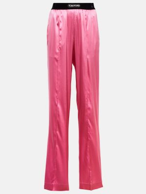 Hedvábné saténové kalhoty s vysokým pasem Tom Ford růžové