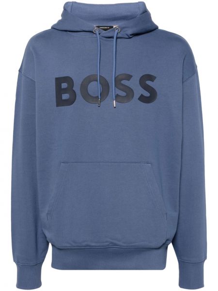 Raštuotas medvilninis džemperis su gobtuvu Boss mėlyna