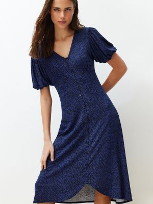 Плетена миди рокля с принт с буфан ръкави Trendyol синьо