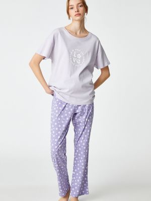 Kvetinové bavlnené pyžamo s krátkymi rukávmi Koton sivá