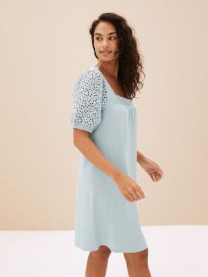 Womens M&S Collection Pure Cotton Broderie Trim Short Nightdress - ,  M&s Collection - Niebieski