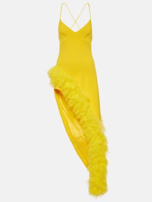 Volnena midi obleka z volani iz krep tkanine David Koma rumena