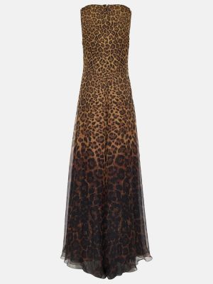 Hodvábne dlouhé šaty s potlačou s leopardím vzorom Valentino hnedá