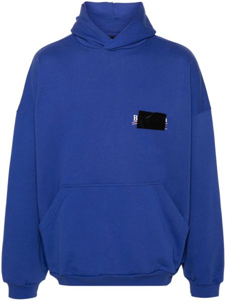Pamučna hoodie s kapuljačom s vezom Balenciaga plava