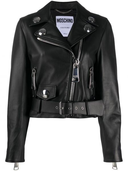 Укороченная байкерская куртка с поясом Moschino, черная
