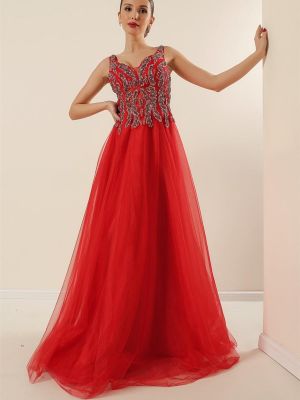 Tylové dlouhé šaty s korálky s výstřihem do v By Saygı červené