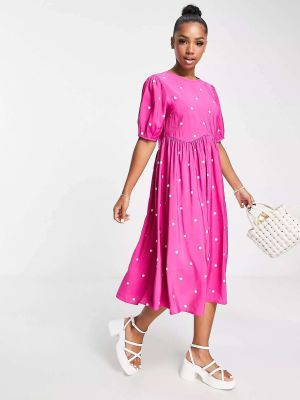 Платье миди в горошек с пышными рукавами Pieces розовое