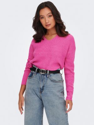 Dzianinowy pulower z dekoltem w serek Only różowy