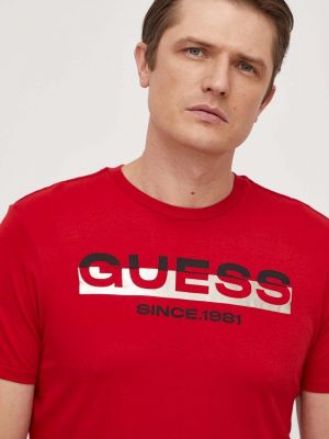 Bavlněné tričko s potiskem Guess červené