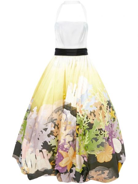 Sukienka koktajlowa bawełniana z nadrukiem w abstrakcyjne wzory Leo Lin biała