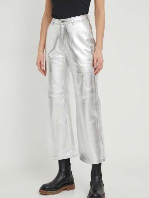Jednobarevné kožené kalhoty s vysokým pasem Pepe Jeans stříbrné