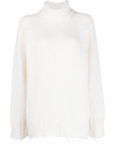 Кашмирен пуловер с протрити краища Malo бяло