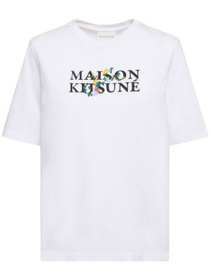 Tricou din bumbac cu model floral cu imagine Maison Kitsune alb
